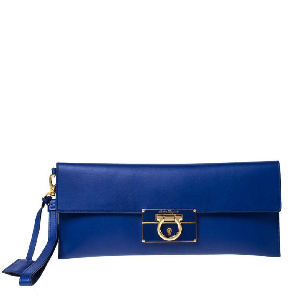 Genuine Salvatore Ferragamo Afef Gancio Blue Leather Clutch